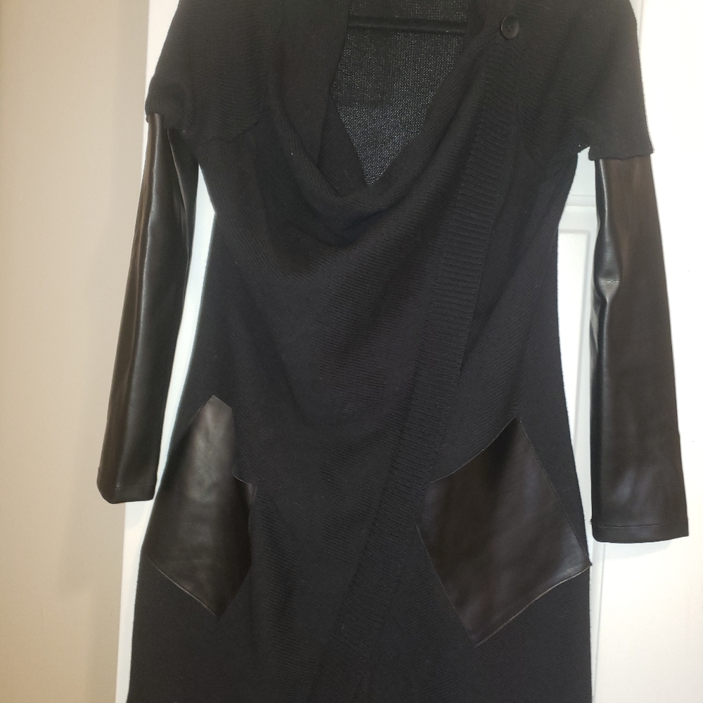 Womens black sweater/faux leather, cardigan